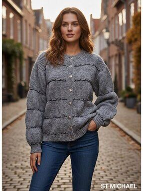 St. Michael Blue Gray Wool Blend Cardigan With Silver Buttons & Puffy Sleeves Wo